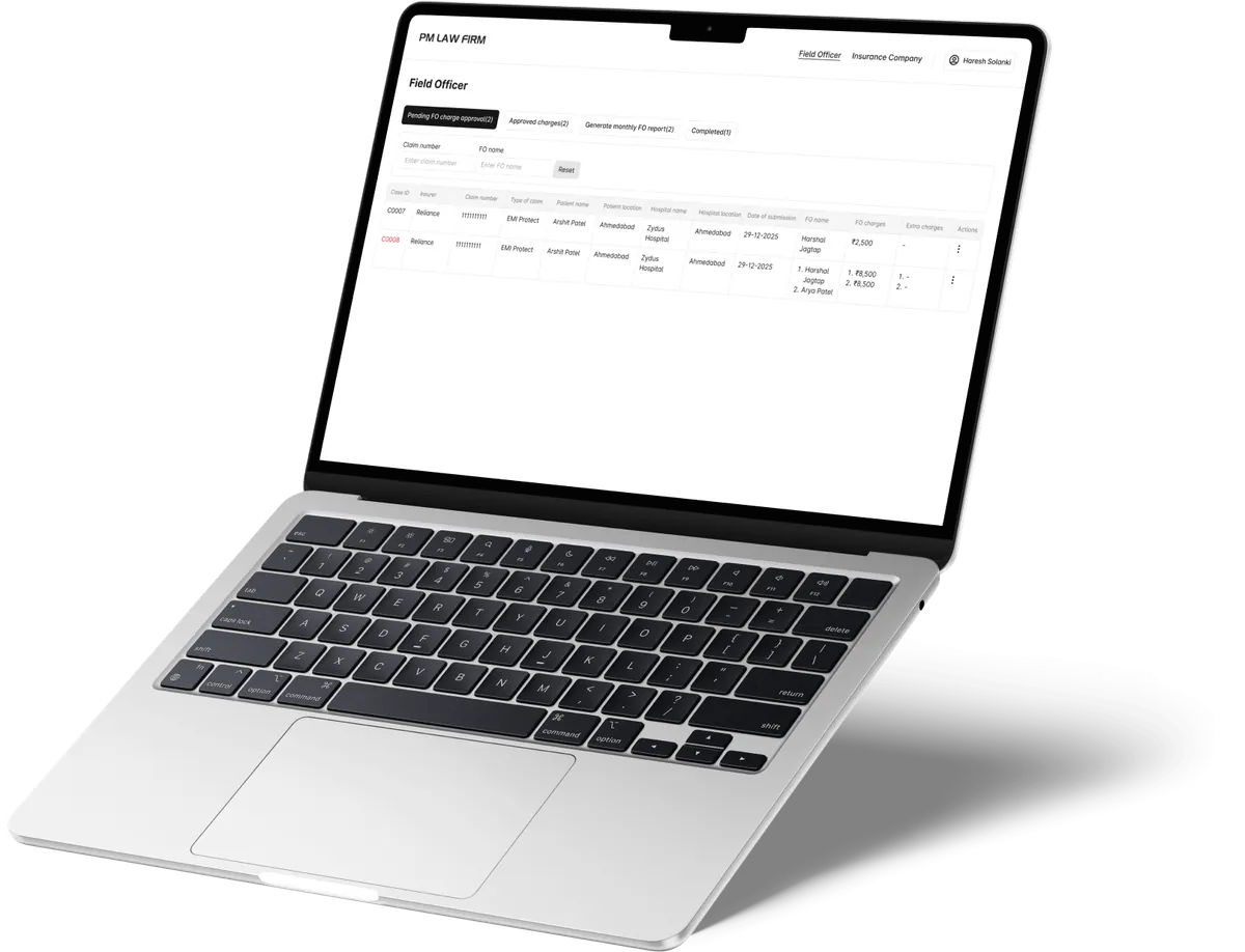 PMLF accountant field officer payments screen on a MacBook Air M2 mockup showing per-case charges, adjustments, and payment status