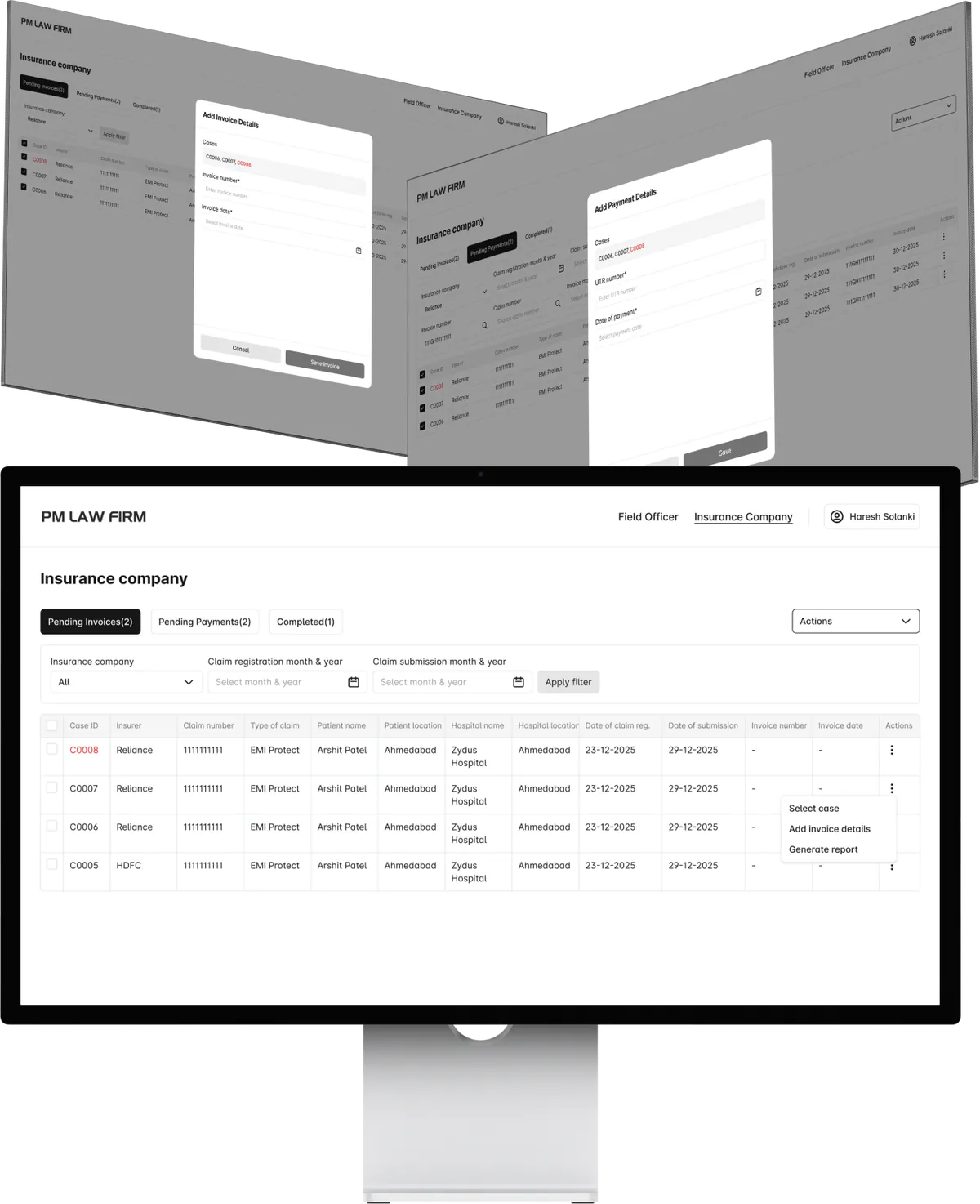 PMLF insurance company financial flow on TV display and Studio Display mockups showing invoice list and payment reconciliation dashboard