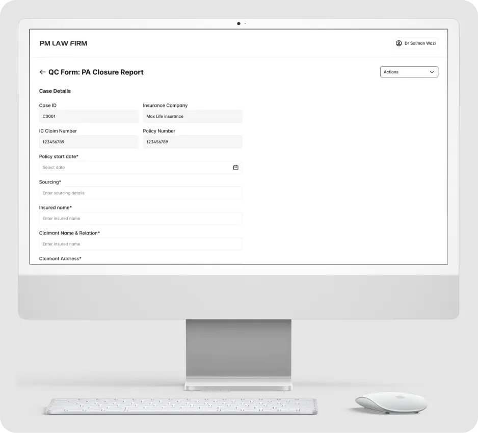 PMLF quality check screen on an iMac 24-inch mockup with QC form selection for Cashless, PA, and RE closure reports