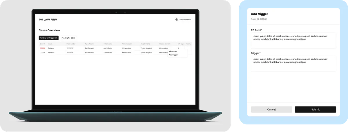 PMLF doctor trigger data entry screens showing case trigger list and add-trigger modal