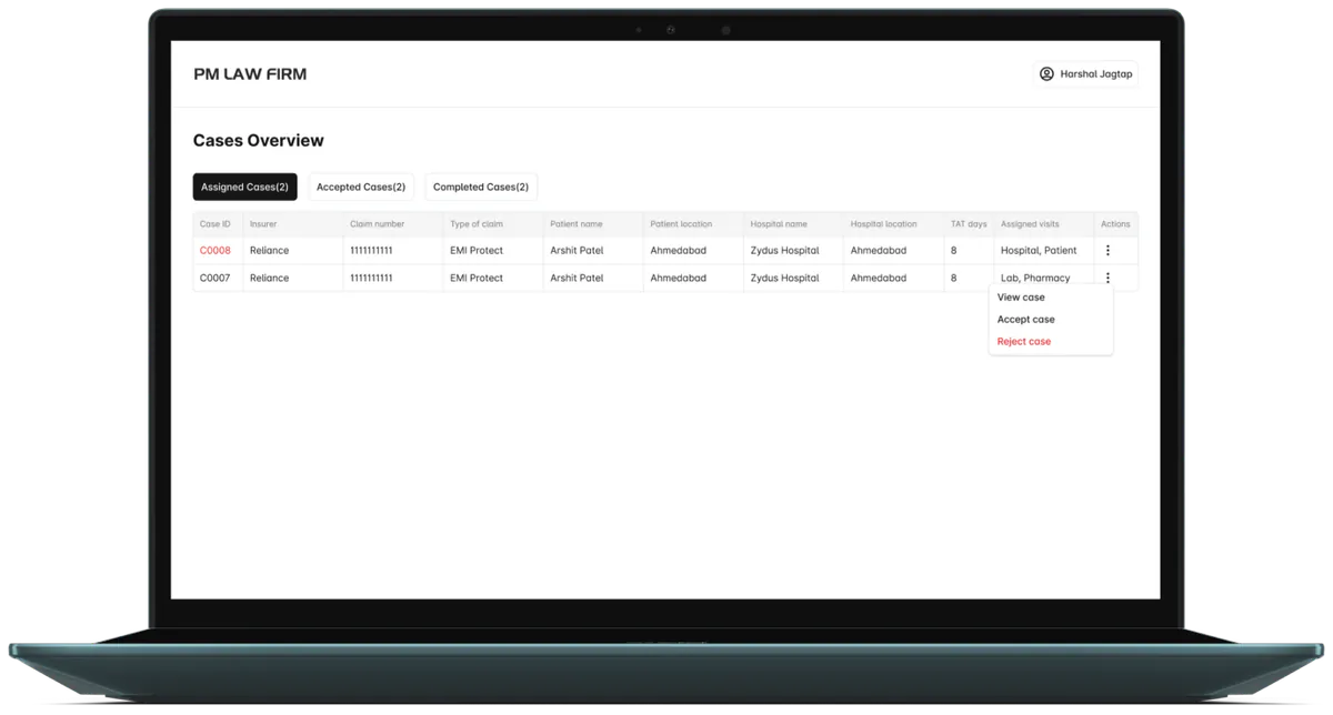 PMLF Field Officer dashboard on a ZenBook Duo 15 showing assigned cases and investigation locations