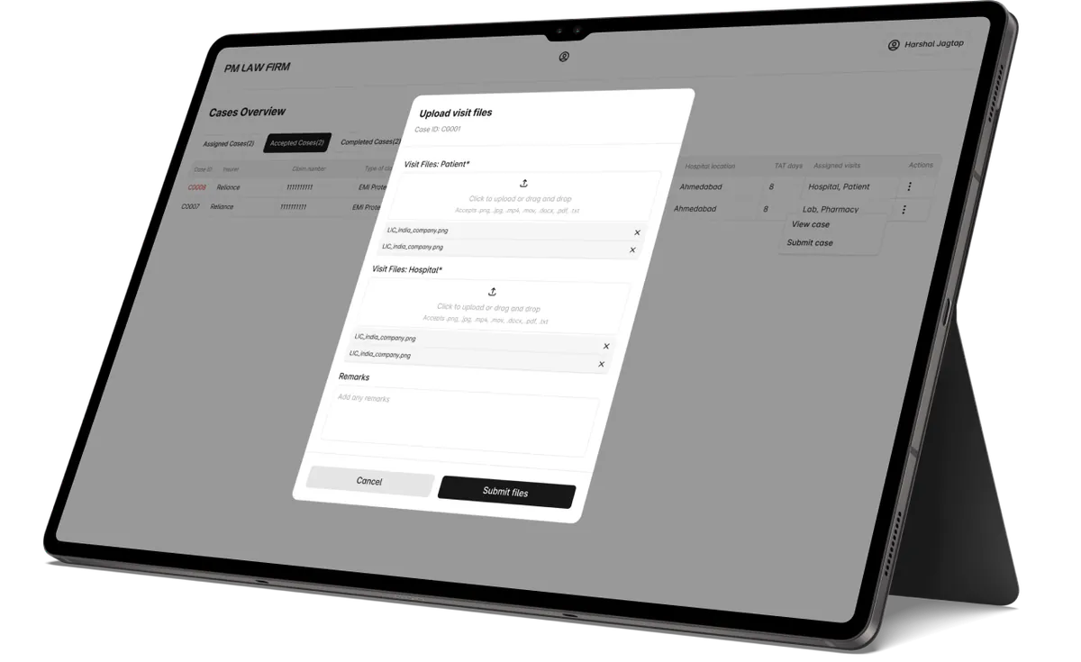 PMLF Field Officer document upload flow on tablet and book-cover mockup — capture evidence and attach supporting files