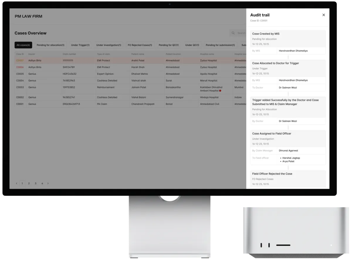 PMLF audit trail screen on a Mac Studio mockup showing chronological activity log with role, timestamp, and status
