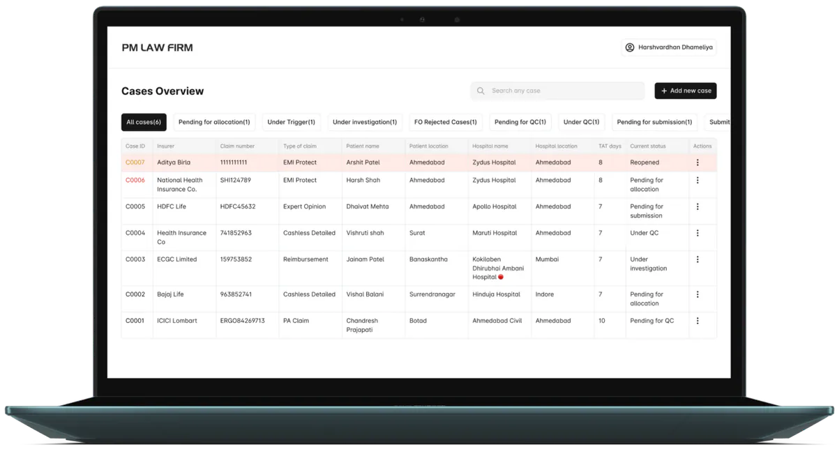 PMLF MIS dashboard on a ZenBook Duo 14 showing case list, filters, and status chips