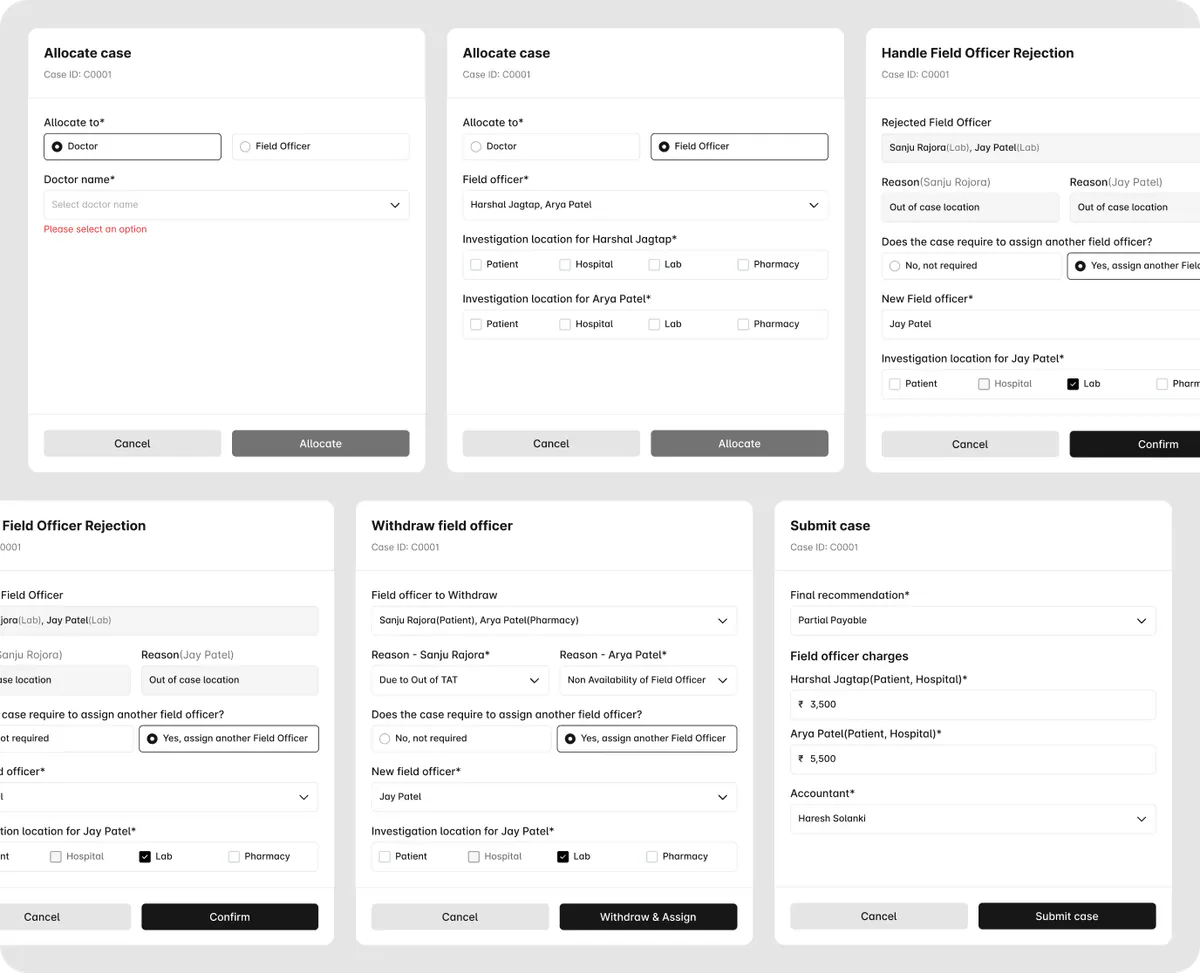 PMLF modal interactions — allocate case, handle field officer rejection, withdraw field officer, and submit case dialogs
