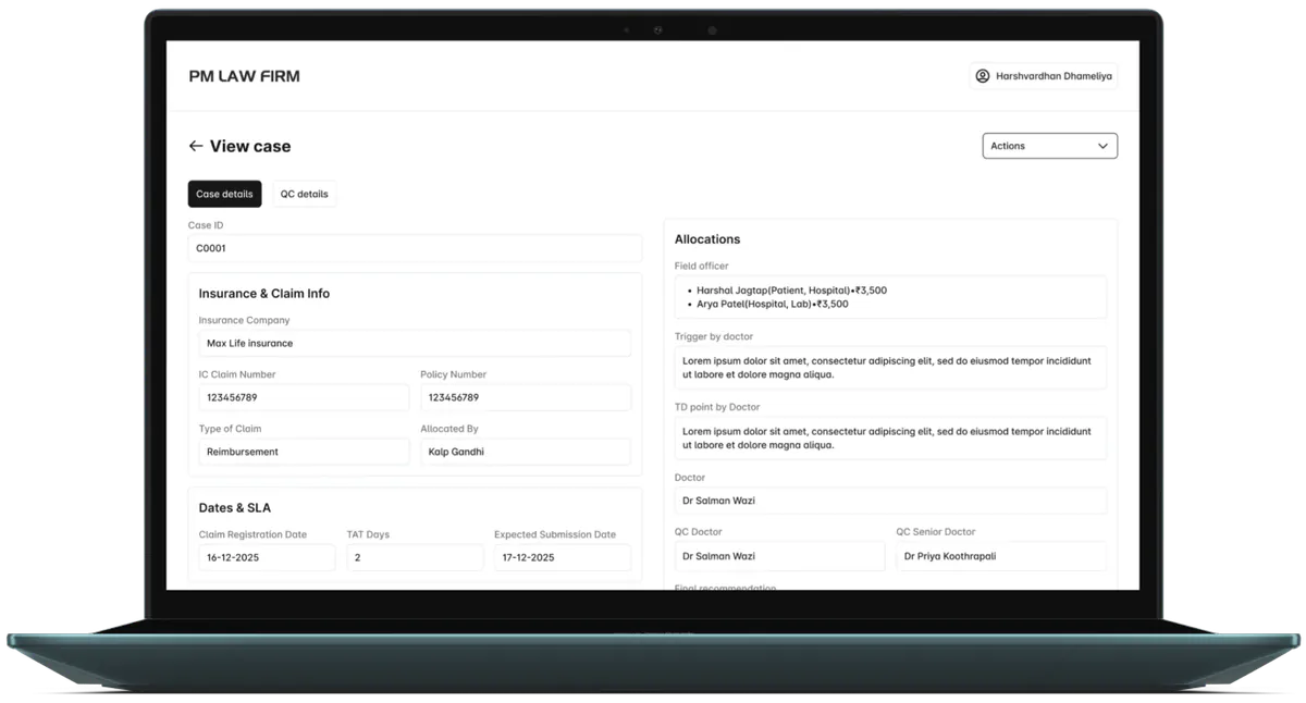 PMLF MIS view case screen on a ZenBook Duo 15 displaying case metadata, assigned roles, and activity summary