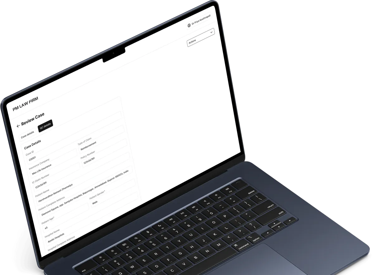 PMLF Senior QC Doctor case review screen on a midnight-coloured phone mockup showing case validation checklist