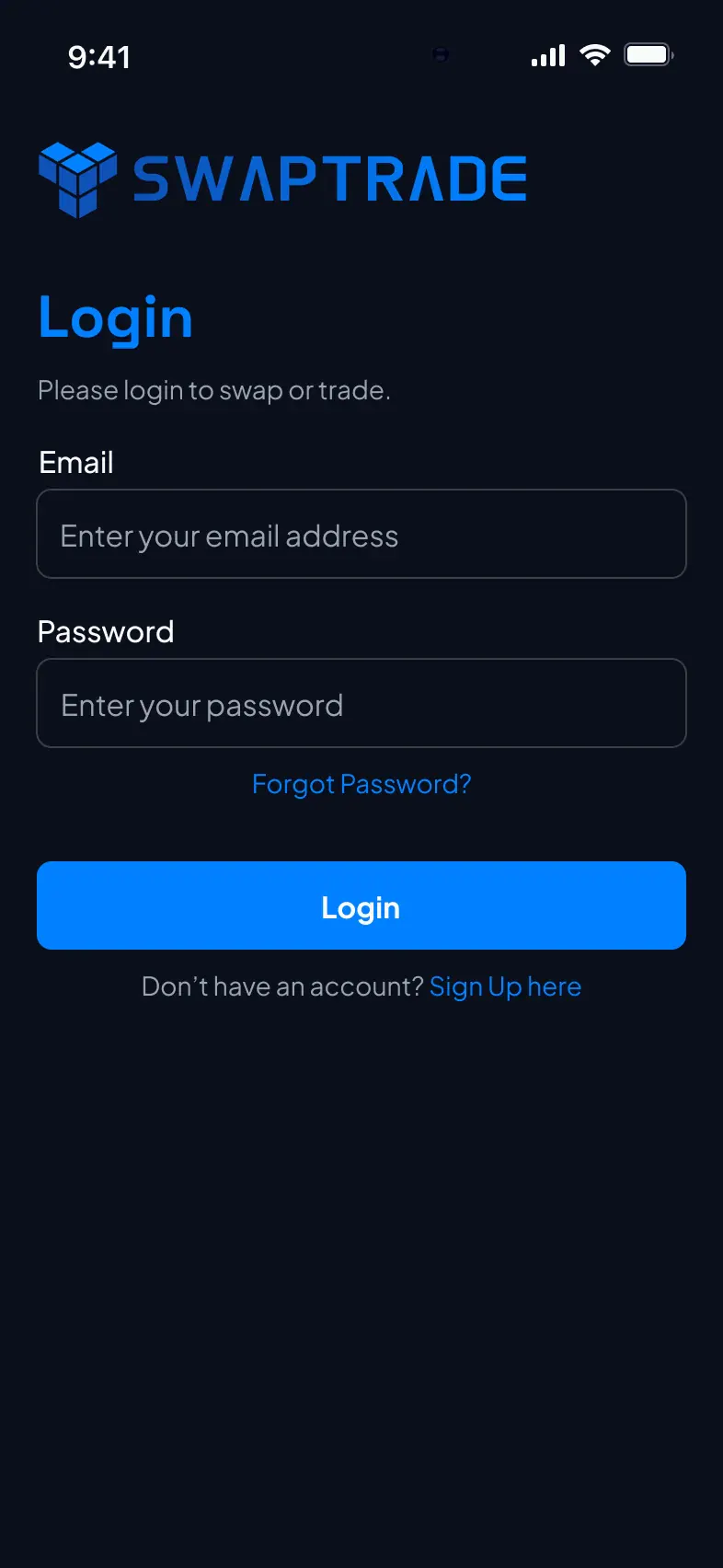 Swaptrade mobile login screen