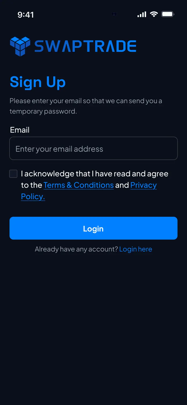 Swaptrade mobile signup screen