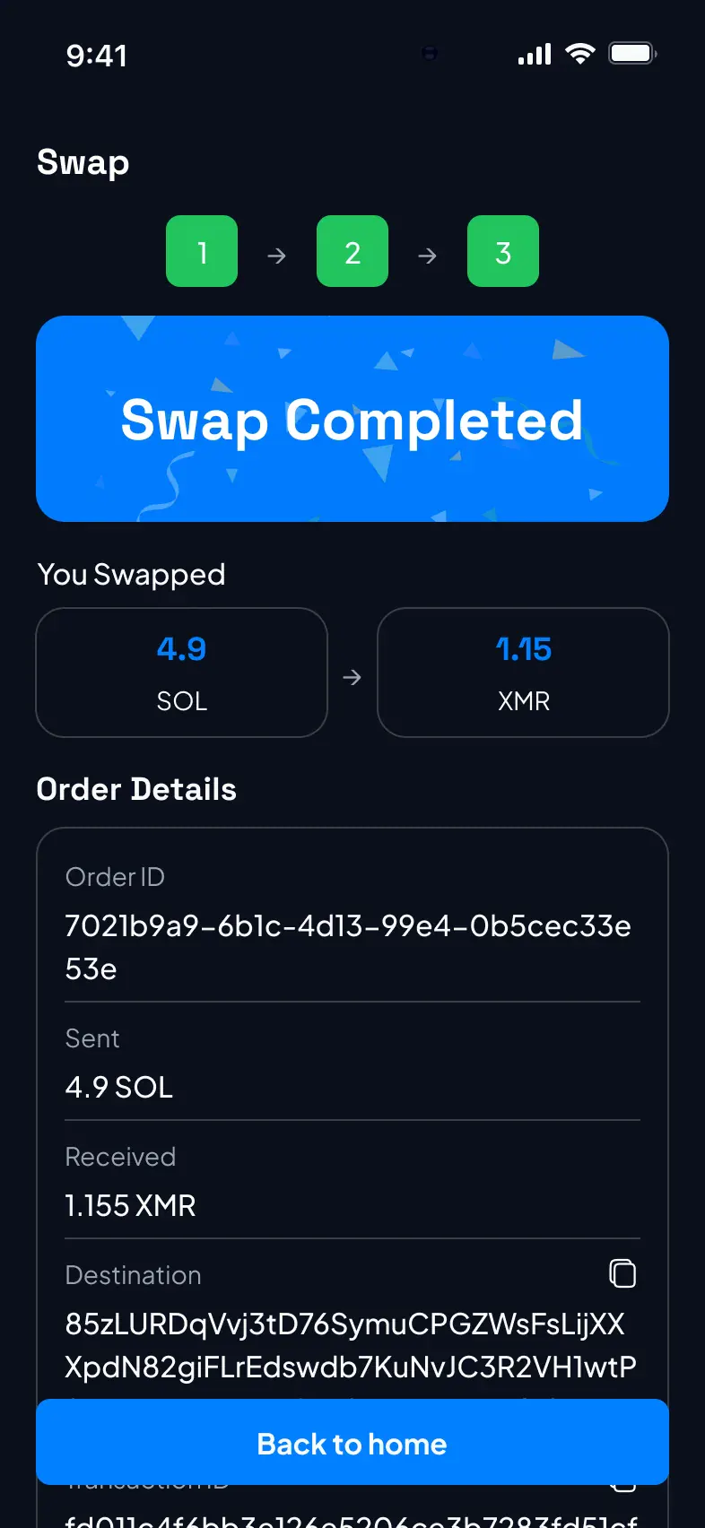 Swaptrade swap success confirmation
