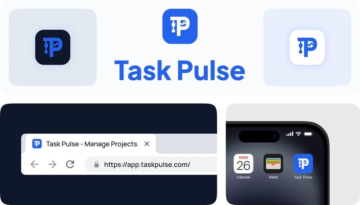Task Pulse brand bento — logo monogram, app icon, iPhone home screen, and browser treatment