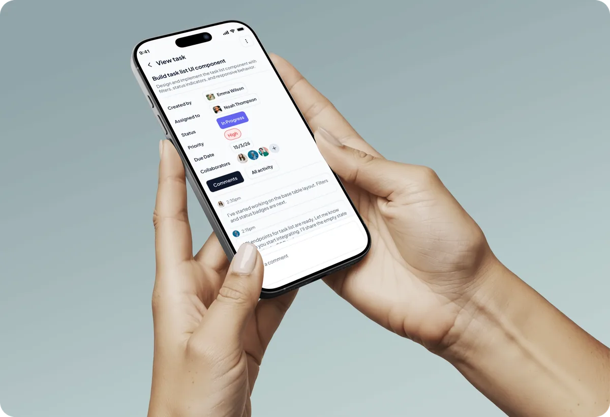 Task Pulse mobile app shown on an iPhone 16 Pro held in hand