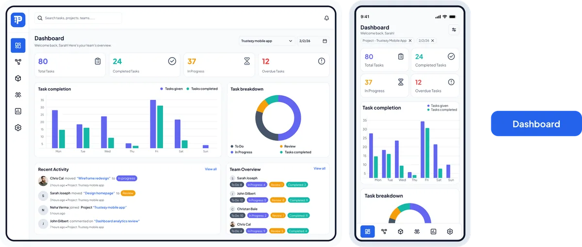 Task Pulse dashboard screen on web and mobile showing task metrics, completion charts, and recent activity