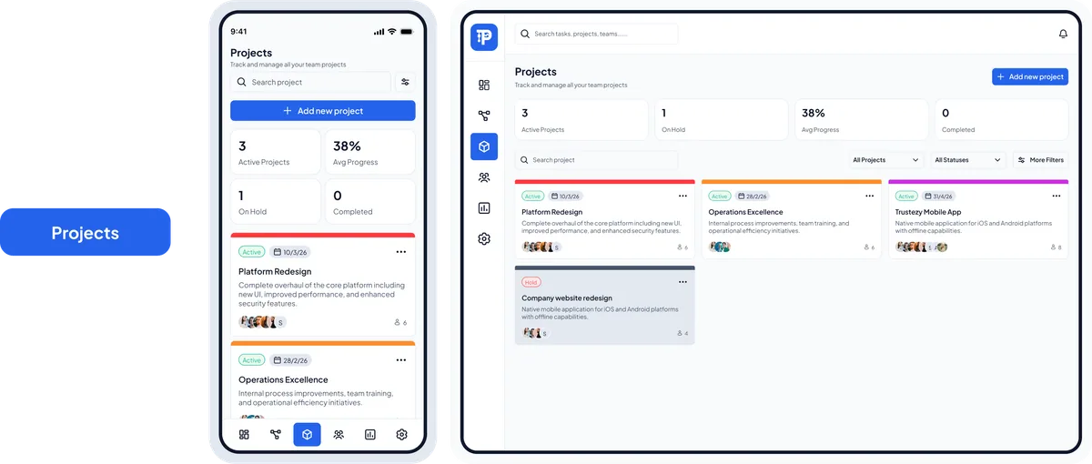 Task Pulse projects screen on web and mobile showing project details, timeline, and member list