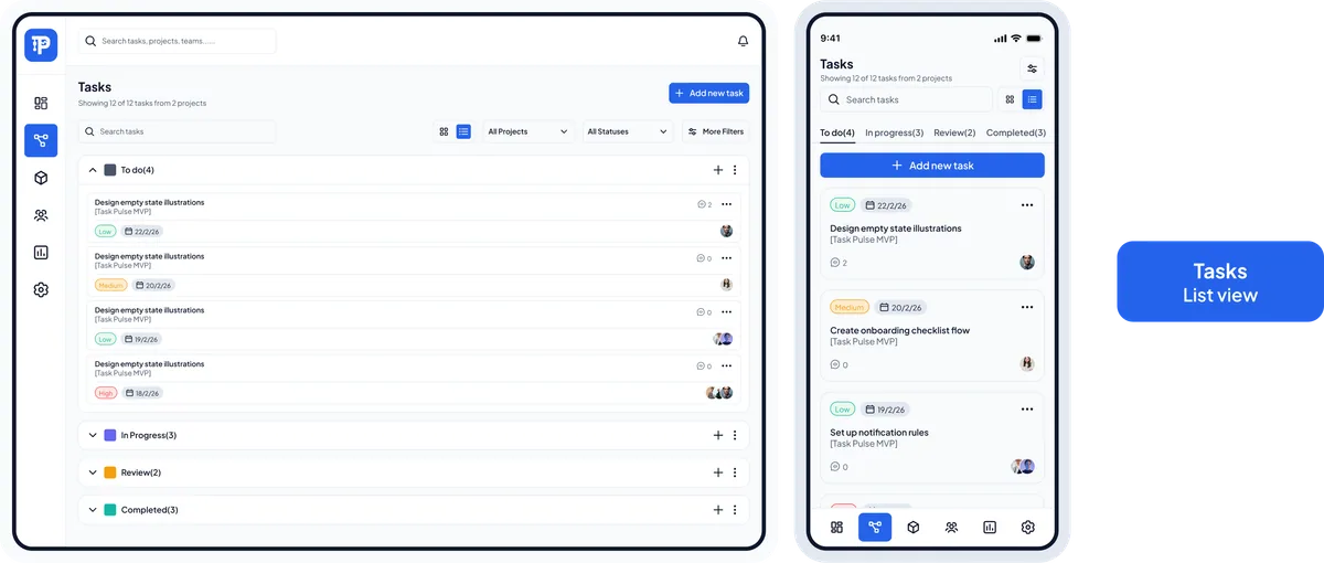 Task Pulse tasks board view on web and mobile showing Kanban columns and workload distribution