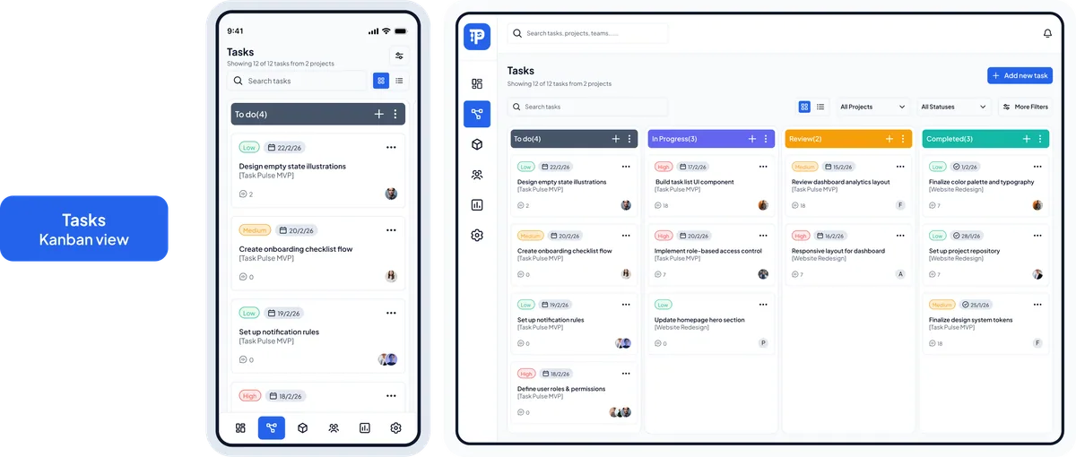 Task Pulse tasks list view on web and mobile showing task owners, priorities, and deadlines