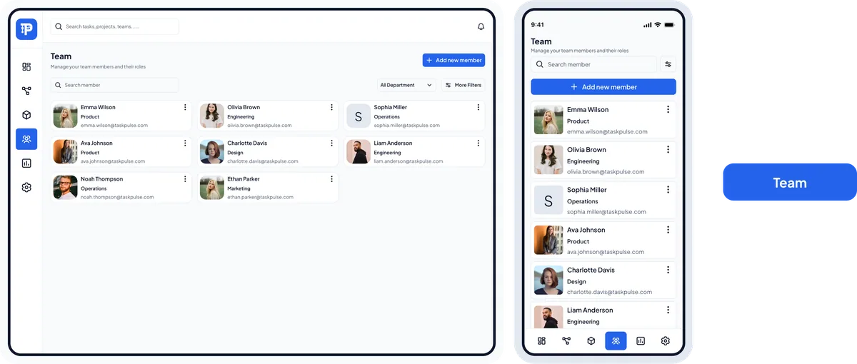 Task Pulse team screen on web and mobile showing members, roles, and workload