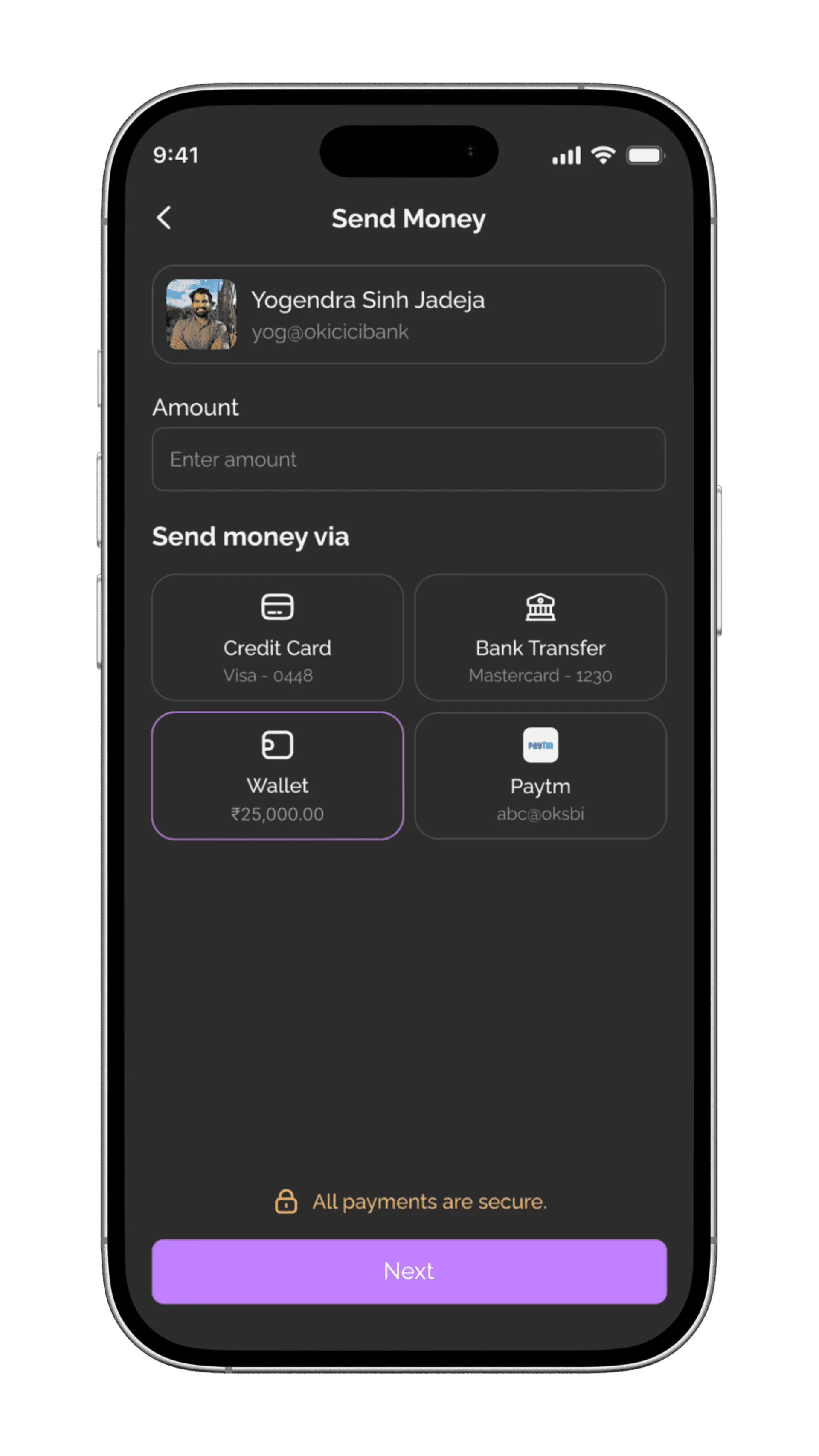 Trustezy Send Money screen