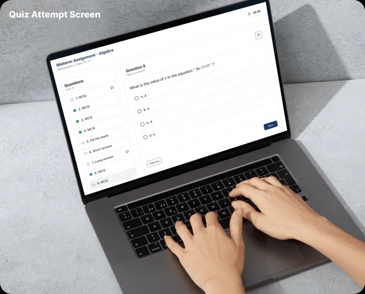 Student Quiz Attempt — question interface