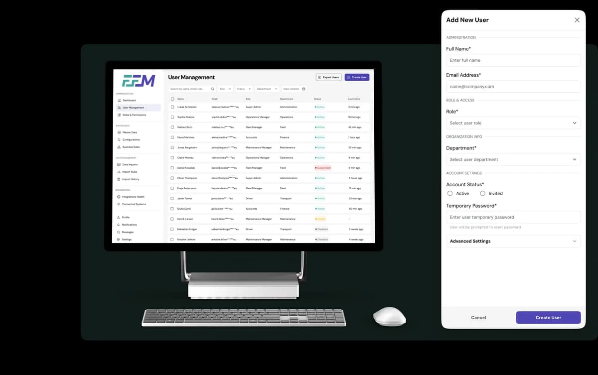 FFM User Management screen with user list and create-user form