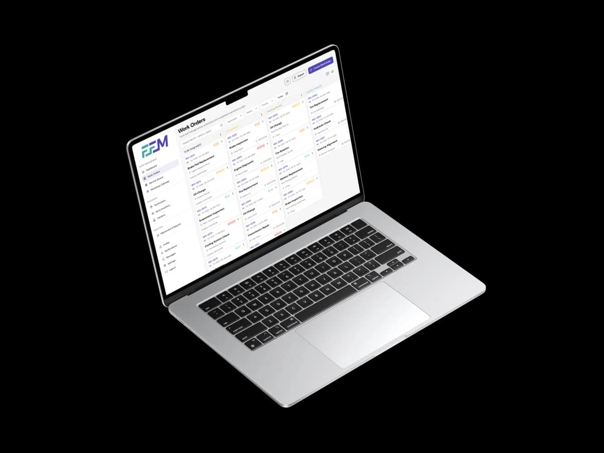 FFM Work Orders Kanban board shown on MacBook Air