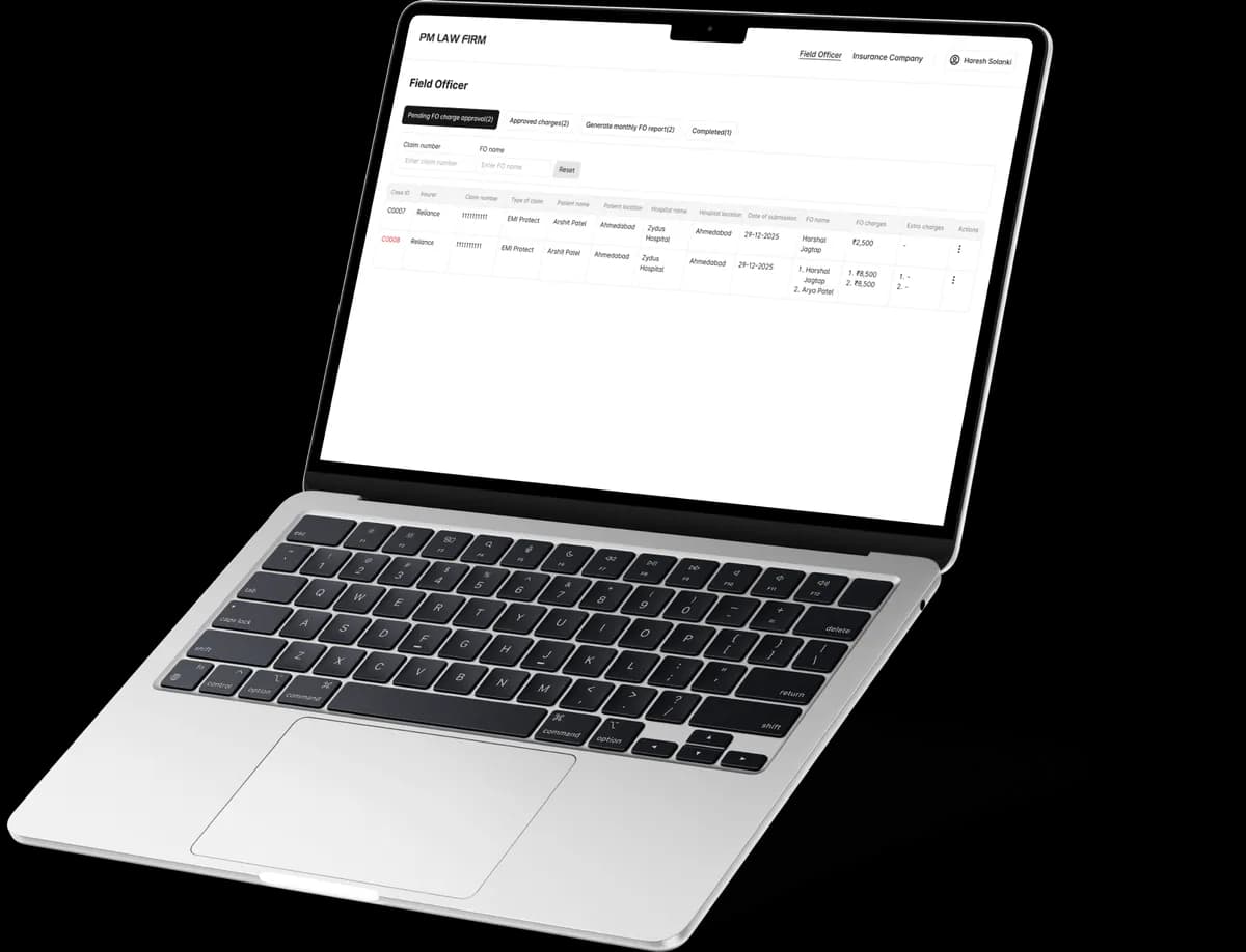 PMLF accountant field officer payments screen on a MacBook Air M2 mockup showing per-case charges, adjustments, and payment status