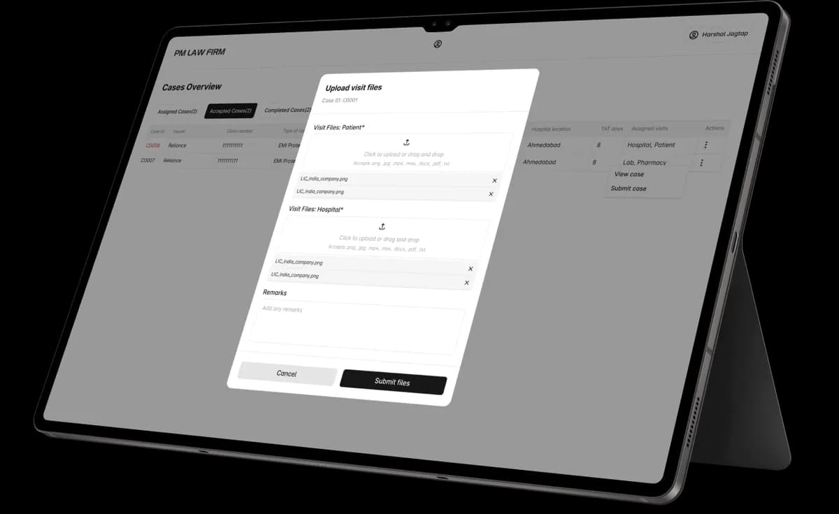 PMLF Field Officer document upload flow on tablet and book-cover mockup — capture evidence and attach supporting files