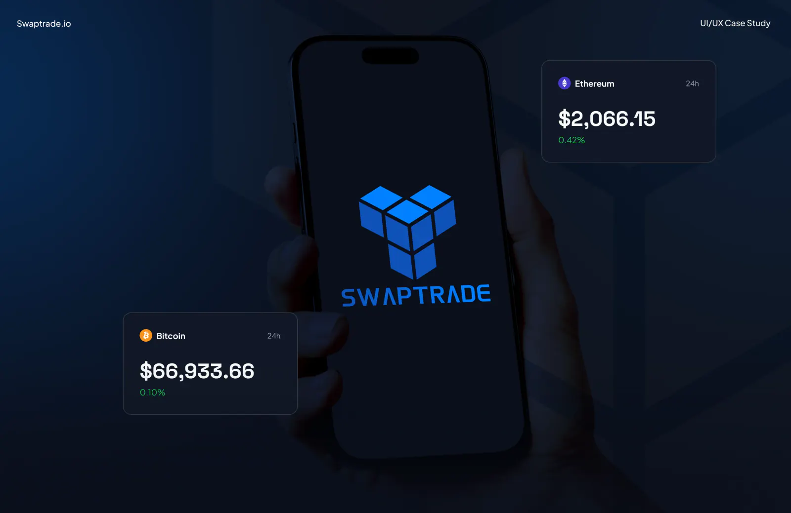 Swaptrade case study cover — hand holding phone with Swaptrade logo, surrounded by Bitcoin and Ethereum price tickers
