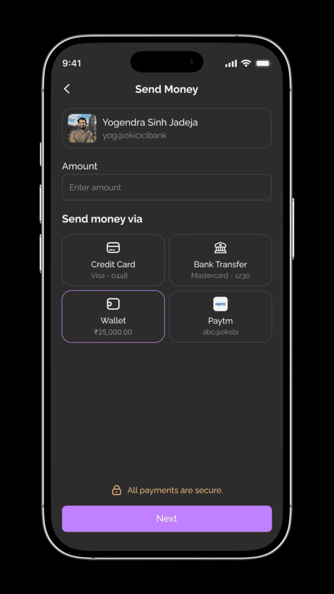 Trustezy Send Money screen