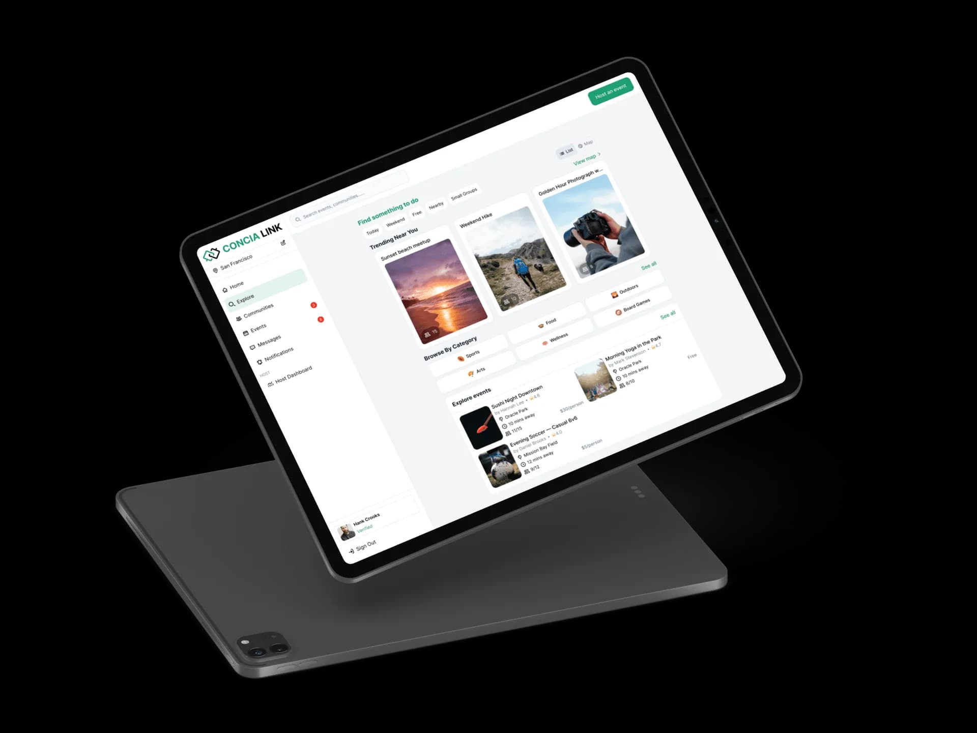 Concia Link explore page displayed on an iPad Pro showing trending events, browse by category, and event listings
